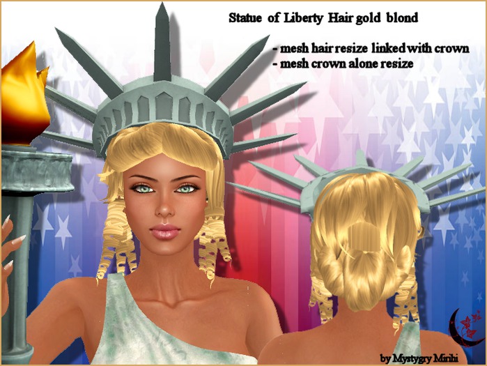 Second Life Marketplace Statue of Liberty hair gold blond + crown mesh unrigged resize