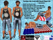 Holiday at the beach happy life for men fitmesh tank and shorts,rigged sneakers,buoy + matress animated with menu