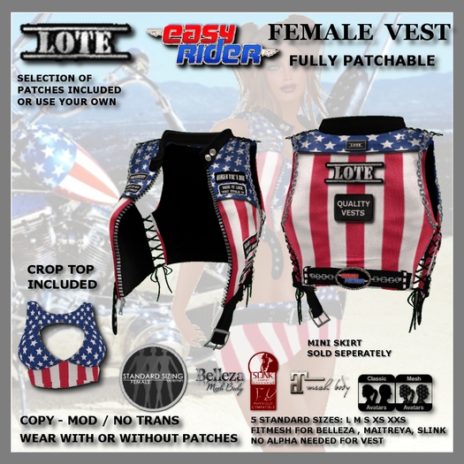 LOTE - FEMALE EASY RIDER PATCHABLE VEST AND CROP TOP (boxed)