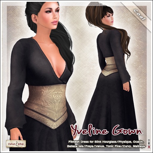 [V/W] Yveline Gown Coal - Medieval Fantasy dress w/ corset fitted mesh for Slink, Belleza, Ocacin...