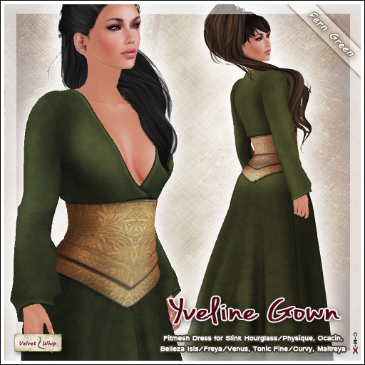 [V/W] Yveline Gown Fern Green - Medieval Fantasy dress w/ corset fitted mesh for Slink, Belleza, Ocacin...