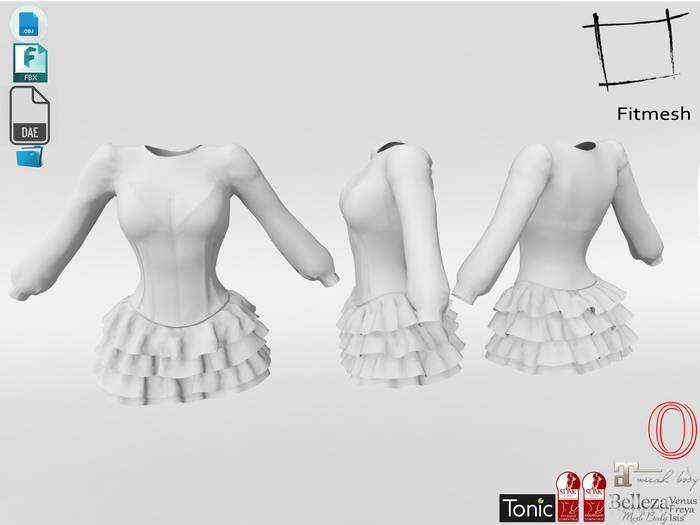 Dae Obj FBX Women's Puffy Long Sleeves Ruffled Layered Mini Skirts Corset Top Maitreya, Slink, Belleza