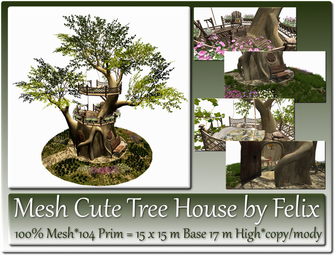 Second Life Marketplace - Mesh Cute Tree House 104 Prim=15x15m Base 17m ...