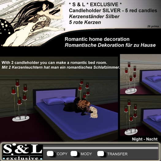 * S & L * EXCLUSIVE * CANDLEHOLDER SILVER - 5 CANDLES RED – ROMANTIC HOME DECORATION