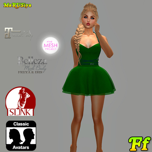 GREEN summer dress TMP, Belleza, Slink, Maitreya  5 sizes on a classic avatar