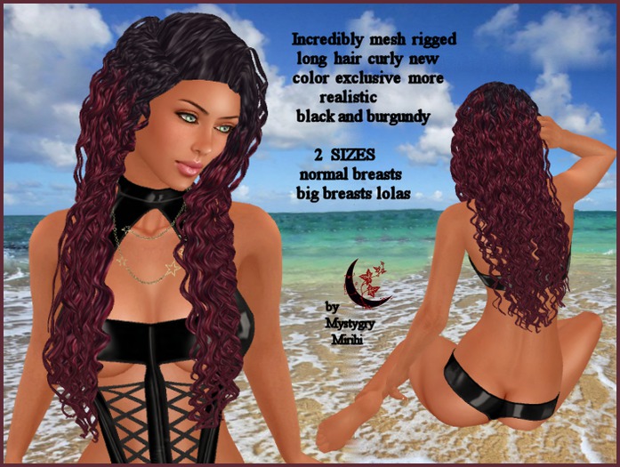 Incredibly mesh rigged curly long hair 2 sizes black + burgundy