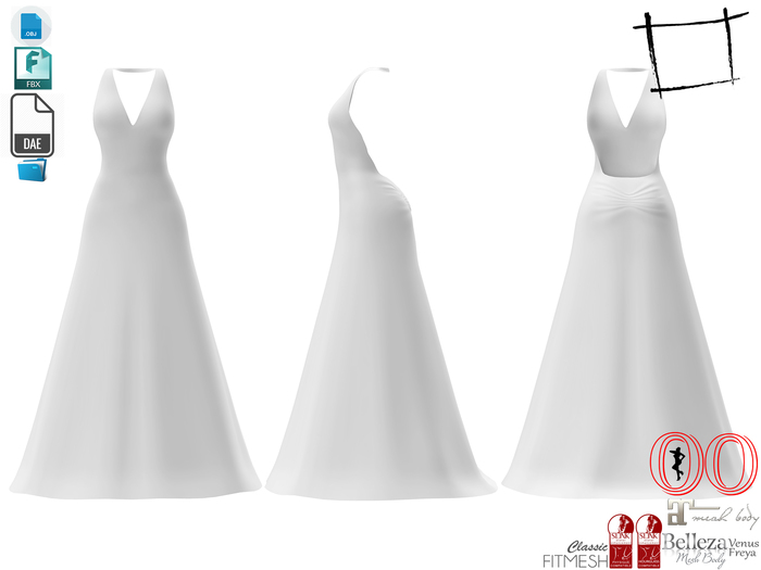 Dae Obj FBX Puckered Back Long Skirt Backless Halter Neck Gown Maitreya, Slink, Belleza