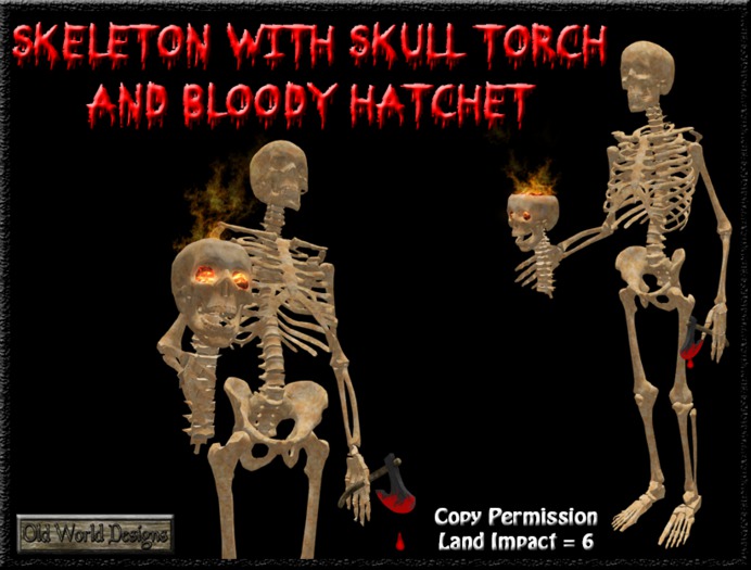 Old World Designs Skeleton with Human Skull Torch and Bloody Hatchet