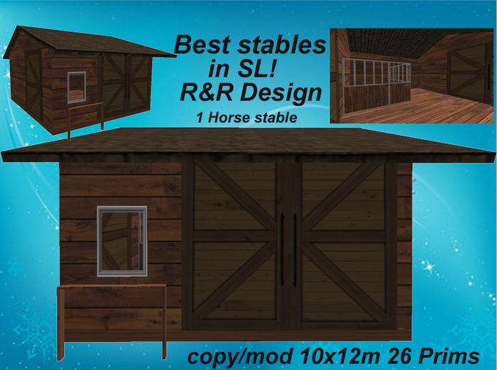 Best Stables in SL!! 1 horse stable redwood with a lot of equipment, sculpted, animated, low prim stable