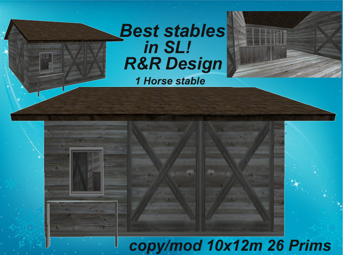 1 horse stable grey with a lot of equipment, sculpted, animated, low prim stable