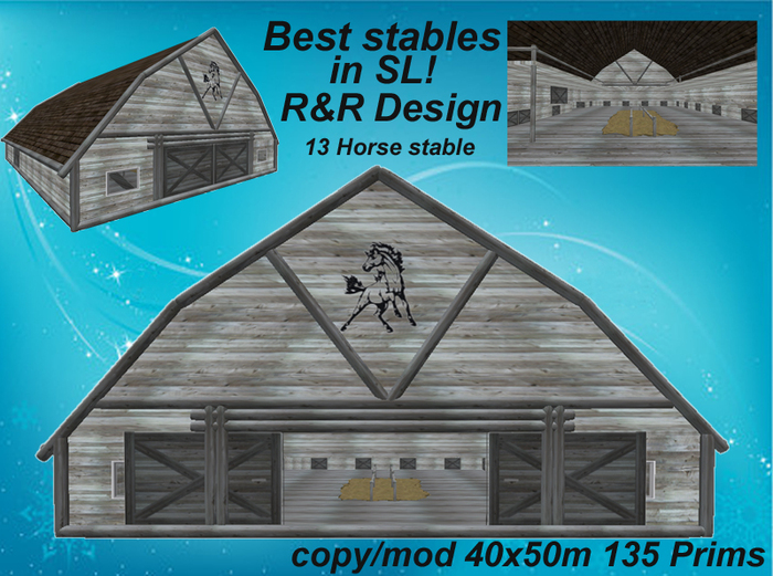 13 horse stable grey, with a lot of equipment, sculpted, animated, low prim stable