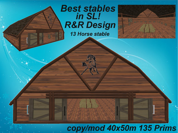 13 horse stable grey, with a lot of equipment, sculpted, animated, low prim stable