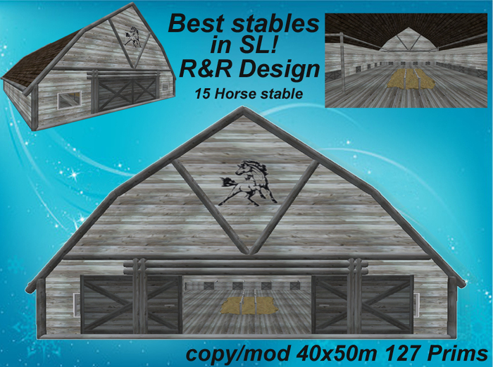15 horse stable grey with a lot of equipment, sculpted, animated, low prim stable