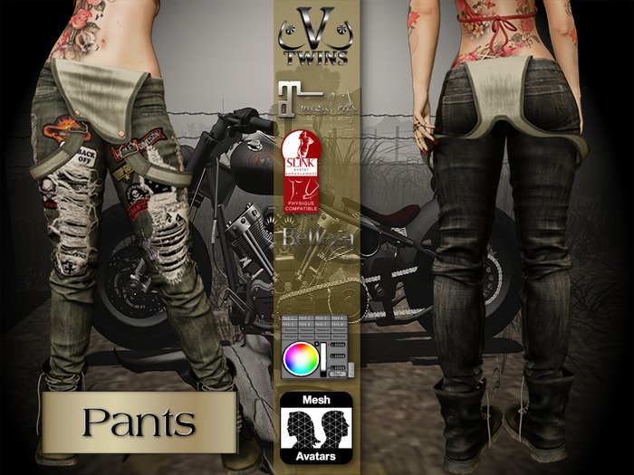 V-Twins Biker Clothes - Individual Items Mesh Pants/Jeans - Furious Black Version (Slink, Belleza & Maitreya)
