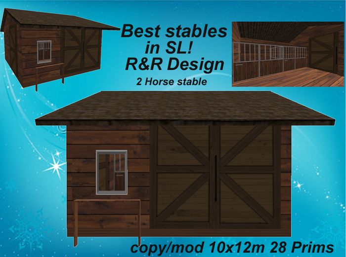 Best Stables in SL!! 2 horse stable redwood with a lot of equipment, sculpted, animated, low prim stable