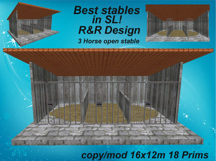 3 horses open stable, sculpted, animated, low prim stable
