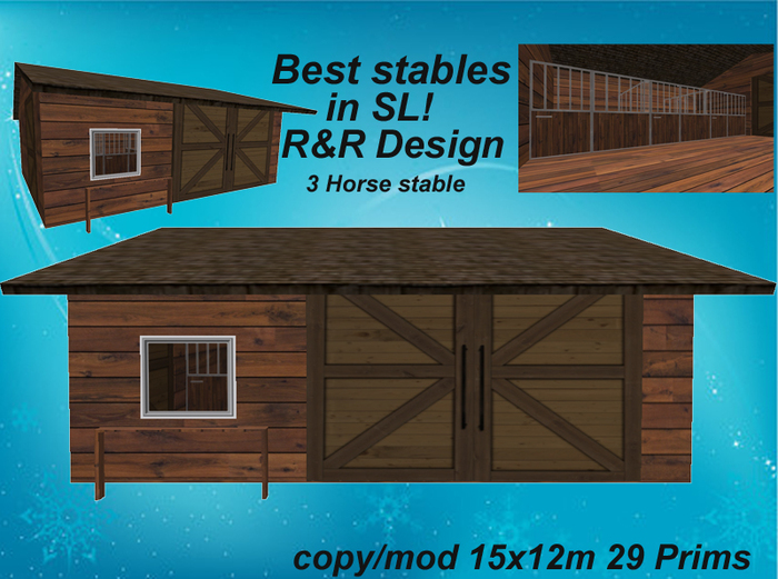 3 horse stable redwood with a lot of equipment, sculpted, animated, low prim stable