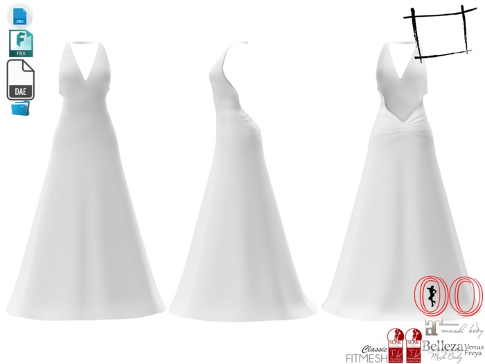Dae Obj FBX Gathered Back Halter Neck Zip Opened Back Long Gown Maitreya, Slink, Belleza