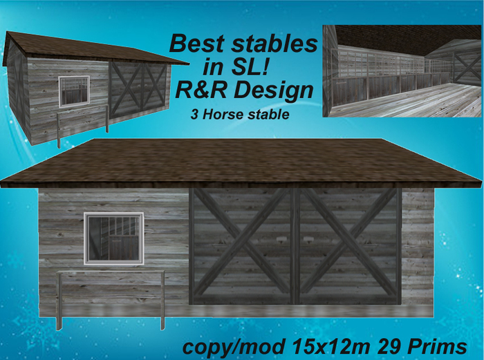 3 horse stable grey with a lot of equipment, sculpted, animated, low prim stable