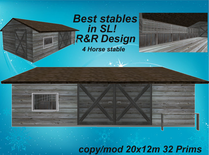 Best Stables in SL!! 4 horse stable grey with a lot of equipment, sculpted, animated, low prim stable