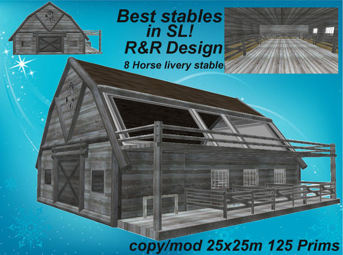 8 horse living stable grey, fully furnished,  with lot of equipment, animated, low prim stable