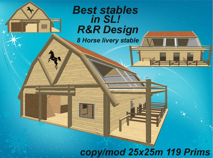8 horse living stable light, fully furnished,  with lot of equipment, animated, low prim stable