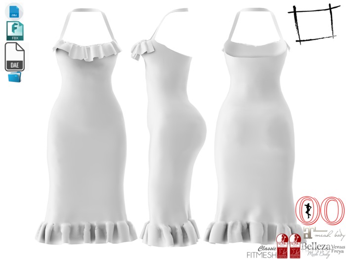 Dae Obj FBX Ruffled Bottom and Chest Halter Neck Dress Maitreya, Ocacin Standard, Slink, Belleza