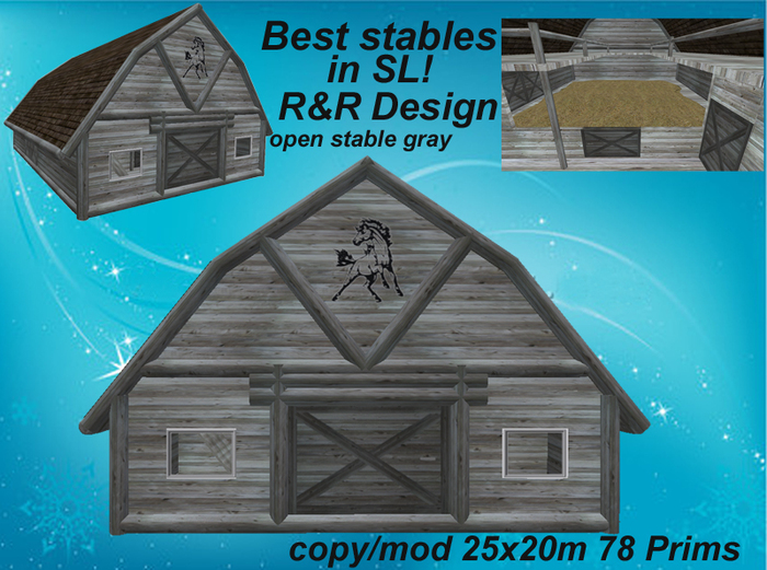 8 horse open stable grey, with lot of equipment, animated, low prim stable