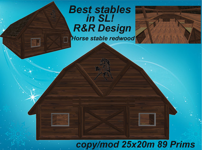8 horse stable redwood, with lot of equipment, animated, low prim stable