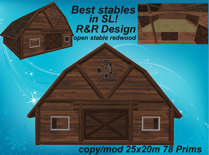 BLACK FRIDAY SALE! 8 horse open stable redwood, with lot of equipment, animated, low prim stable