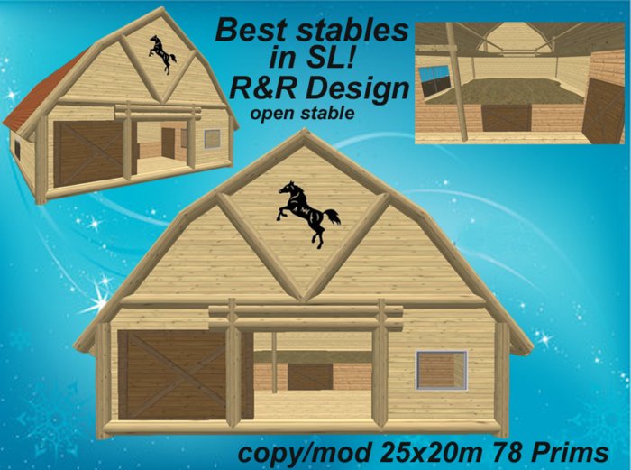 8 horse open stable light, with lot of equipment, animated, low prim stable