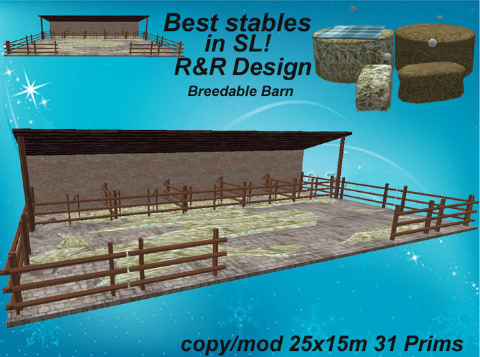 Best Stables in SL!! Amaretto Breedable stable redwood, with lot of equipment, animated, low prim stable