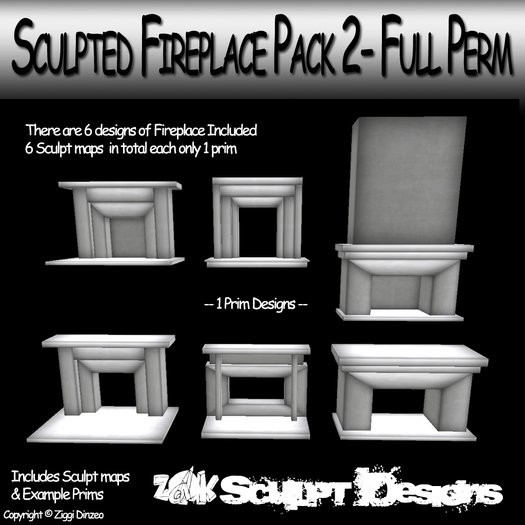 Z@K Sculpted Fireplace Pack Two - 7 Sculpts - Full Perm - Prefab