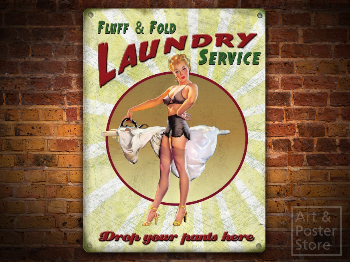 FLUFF & FOLD Sexy Pin Up Poster | Rusty Metal Style Wall Sign 