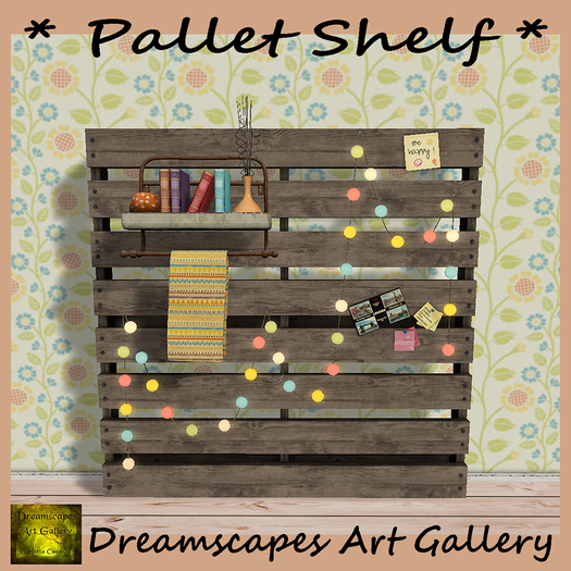 *Pallet Shelf* - Pallet with hanging shelf, garland, pinned stickers and postcard