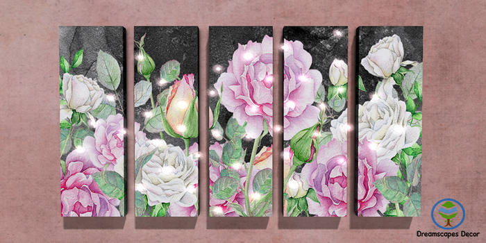*Titania's Rose Garden* - Wall art panel - Beautiful watercolor roses with lights
