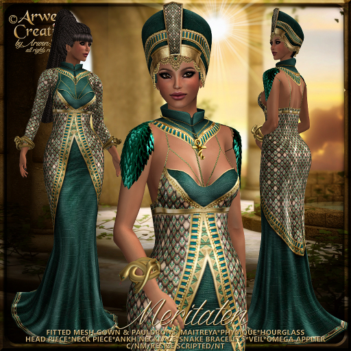Second Life Marketplace - {AS} Meritaten Fitted Mesh Gown: Beaded Green;  Egypt, Fantasy, Queen, Pharaoh, Nefertiti, Maitreya, Physique, Hourglass