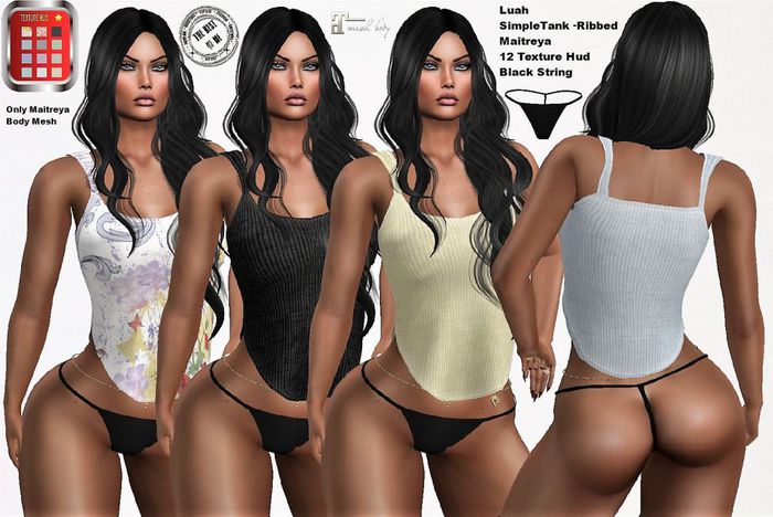 Luah SimpleTank -Ribbed- Maitreya 12 Texture Hud Black String