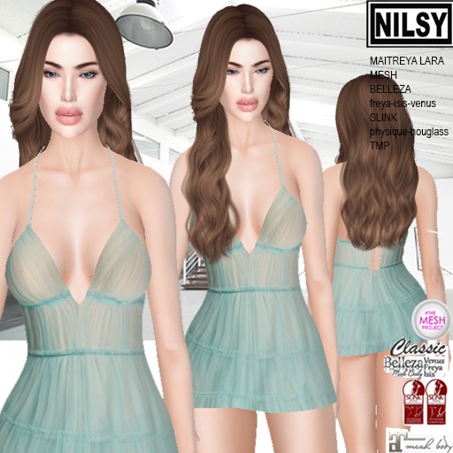 NILSY GATHERED CHIFFON DRESS,maitreya,tmp,mesh,belleza,slink