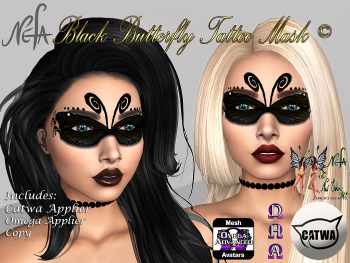 NEFA 30OC Black Butterfly Tattoo Mask - Omega & Catwa Hud Boxed