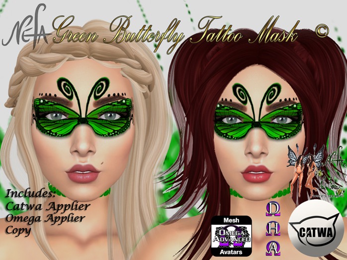 NEFA 65OC - Green Butterfly Tattoo Mask Omega/Catwa Hud Boxed