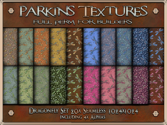 Parkins Textures - Dragonfly Set - 20x Full Perm Seamless 1024x1024 - Fabric, Textile, Fall, Gown, Cloth, Autumn