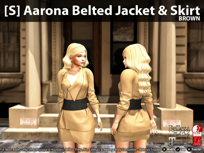 [S] Aarona Belted Jacket & Skirt Brown