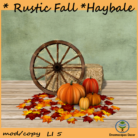 *Rustic Fall* Haybale A - Autumn decor with haybale, pumpkins, leaves and wooden cart wheel with lights