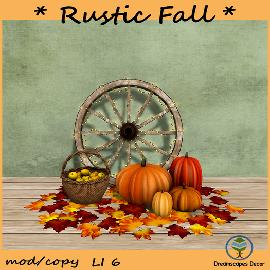 *Rustic Fall* C - Autumn decor with pumpkins, leaves, apple basket and wooden cart wheel with lights