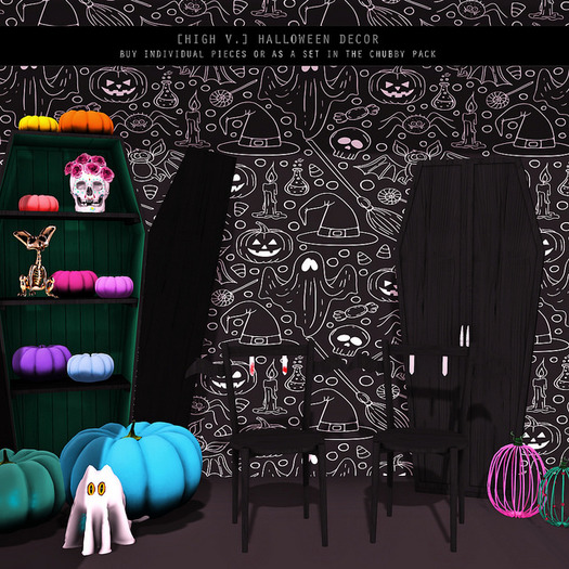 [high v.] chubby pack coffins, chairs, pumpkins, and decor