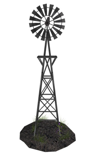 Large Old Gray Windmill on Soil with some Grass and Flowering Vine