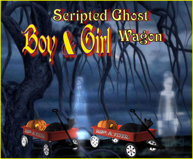 Victorian Ghost Girl & Boy pulling Halloween Wagon