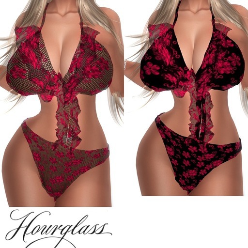 SWIMSUIT NETTED AND SOLID FLOWER RED SLINK HOURGLASS B