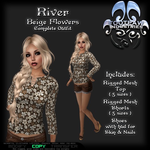 [FPI] River Flowers Beige - Complete Female Outfit with rigged mesh top, shorts; mesh shoes with feet & Hud